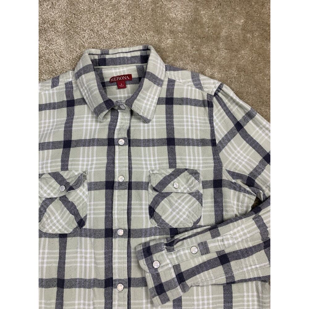Merona Women’s Pearl Snap Western Shirt Size Large Green & Black Plaid 885